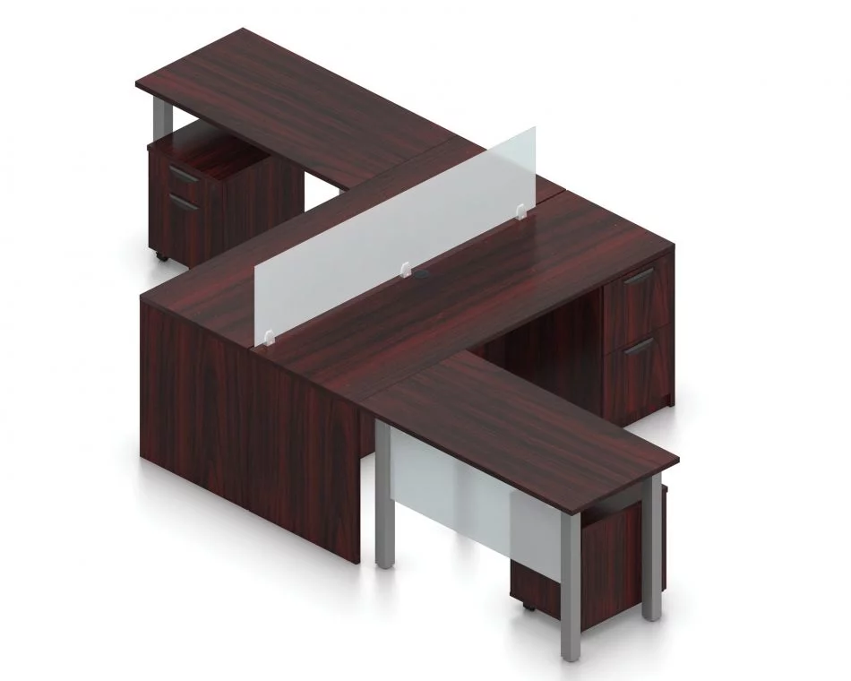 Orthographic view of an Offices to Go set of desking, using Layout 6. This set consists of two L shape workstations, adjoined at the back with an acrylic screen in-between. The 48" wide metal table extends at one side, with an acrylic privacy screen between the tungsten legs. At the right is a pair of hanging file drawers.. An additional pedestal file drawer has been rolled underneath the metal table. This layout is shown here in an American Mahogany finish.