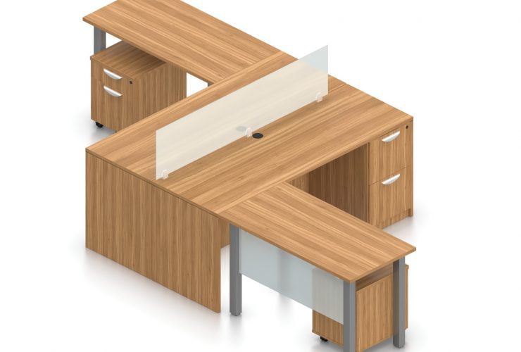 Orthographic view of an Offices to Go set of desking, using Layout 6. This set consists of two L shape workstations, adjoined at the back with an acrylic screen in-between. The 48