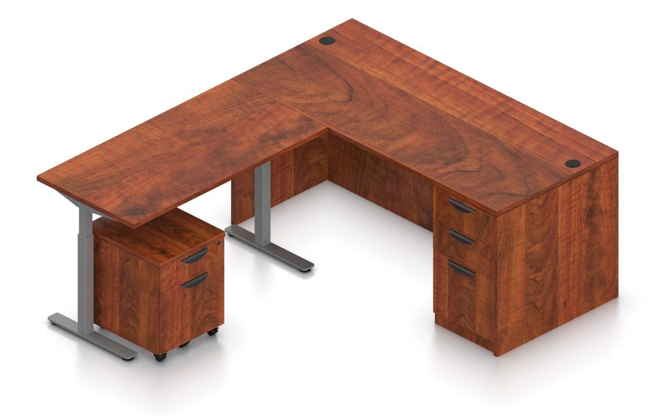 Orthographic view of an Offices to Go corner desk set, using Layout 7. A 66" wide desk and 48" table are arranged in an L-shape, the height adjustable table set level with the desk. A set of three file and drawers are set into the right side, with an additional set of pedestal drawers rolled underneath the table (at the other side). This layout is featured in an American Dark Cherry finish.