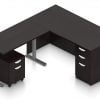 Orthographic view of an Offices to Go corner desk set, using Layout 7. A 66" wide desk and 48" table are arranged in an L-shape, the height adjustable table set level with the desk. A set of three file and drawers are set into the right side, with an additional set of pedestal drawers rolled underneath the table (at the other side). This layout is featured in an American Espresso finish.