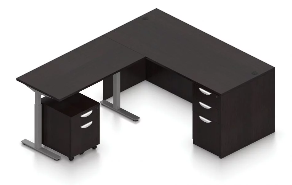 Orthographic view of an Offices to Go corner desk set, using Layout 7. A 66" wide desk and 48" table are arranged in an L-shape, the height adjustable table set level with the desk. A set of three file and drawers are set into the right side, with an additional set of pedestal drawers rolled underneath the table (at the other side). This layout is featured in an American Espresso finish.