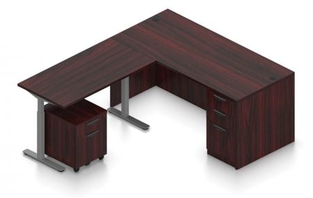 Orthographic view of an Offices to Go corner desk set, using Layout 7. A 66" wide desk and 48" table are arranged in an L-shape, the height adjustable table set level with the desk. A set of three file and drawers are set into the right side, with an additional set of pedestal drawers rolled underneath the table (at the other side). This layout is featured in an American Mahogany finish.