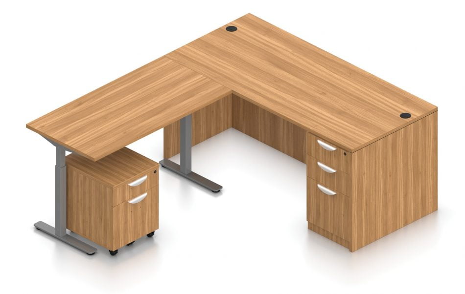 Orthographic view of an Offices to Go corner desk set, using Layout 7. A 66" wide desk and 48" table are arranged in an L-shape, the height adjustable table set level with the desk. A set of three file and drawers are set into the right side, with an additional set of pedestal drawers rolled underneath the table (at the other side). This layout is featured in an Autumn Walnut finish.