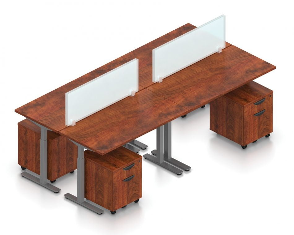Orthographic view of an Offices to Go set of tables, using Layout 8. Four 48" wide worksurfaces are formed, with an acrylic screen dividing facing workstations. Each table has an I-shaped support frame that is height adjustable. All tables are at equal height in this image. A set of pedestal drawers has been rolled under each desk. This layout is shown here in an American Dark Cherry finish, with tungsten finished metal legs.
