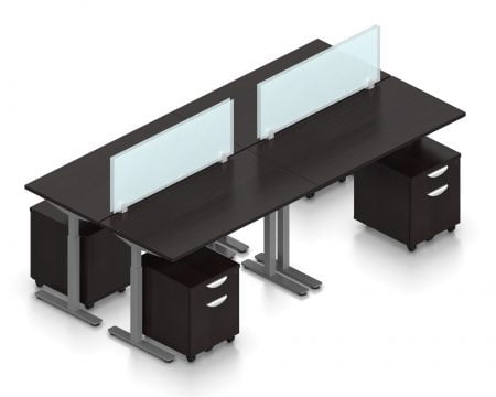 Orthographic view of an Offices to Go set of tables, using Layout 8. Four 48" wide worksurfaces are formed, with an acrylic screen dividing facing workstations. Each table has an I-shaped support frame that is height adjustable. All tables are at equal height in this image. A set of pedestal drawers has been rolled under each desk. This layout is shown here in an American Espresso finish, with tungsten finished metal legs.