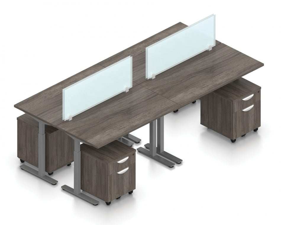 Orthographic view of an Offices to Go set of tables, using Layout 8. Four 48" wide worksurfaces are formed, with an acrylic screen dividing facing workstations. Each table has an I-shaped support frame that is height adjustable. All tables are at equal height in this image. A set of pedestal drawers has been rolled under each desk. This layout is shown here in an Artisan Grey finish, with tungsten finished metal legs.