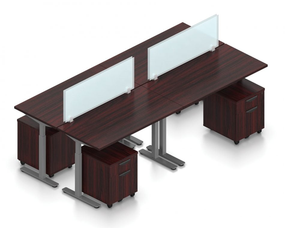 Orthographic view of an Offices to Go set of tables, using Layout 8. Four 48" wide worksurfaces are formed, with an acrylic screen dividing facing workstations. Each table has an I-shaped support frame that is height adjustable. All tables are at equal height in this image. A set of pedestal drawers has been rolled under each desk. This layout is shown here in an American Mahogany finish, with tungsten finished metal legs.