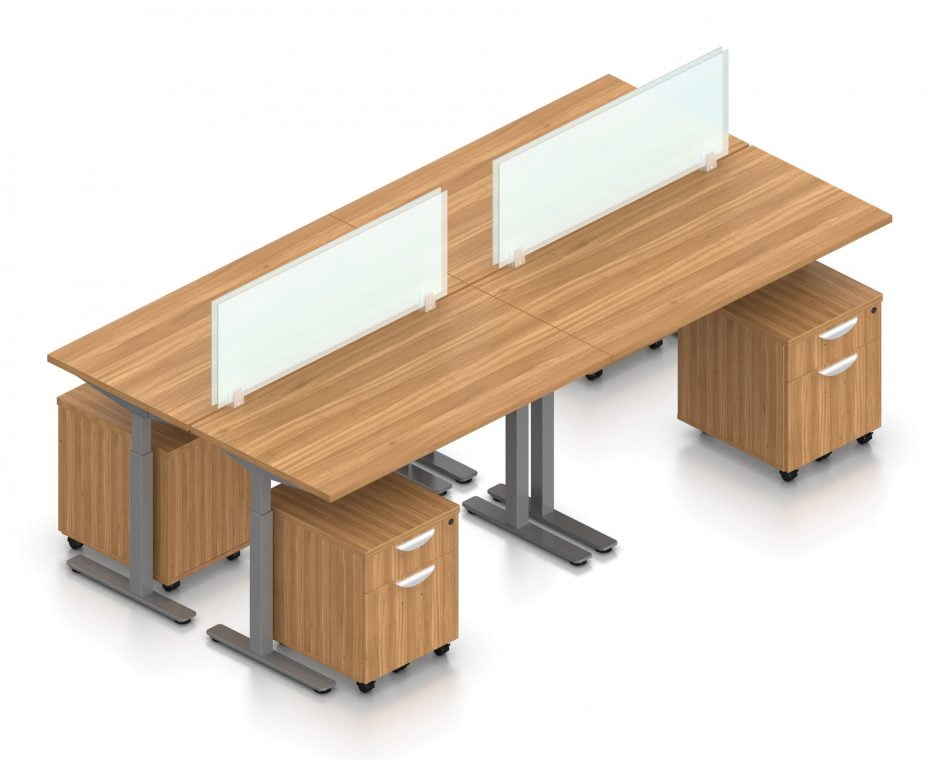 Orthographic view of an Offices to Go set of tables, using Layout 8. Four 48" wide worksurfaces are formed, with an acrylic screen dividing facing workstations. Each table has an I-shaped support frame that is height adjustable. All tables are at equal height in this image. A set of pedestal drawers has been rolled under each desk. This layout is shown here in an Autumn Walnut finish, with tungsten finished metal legs.
