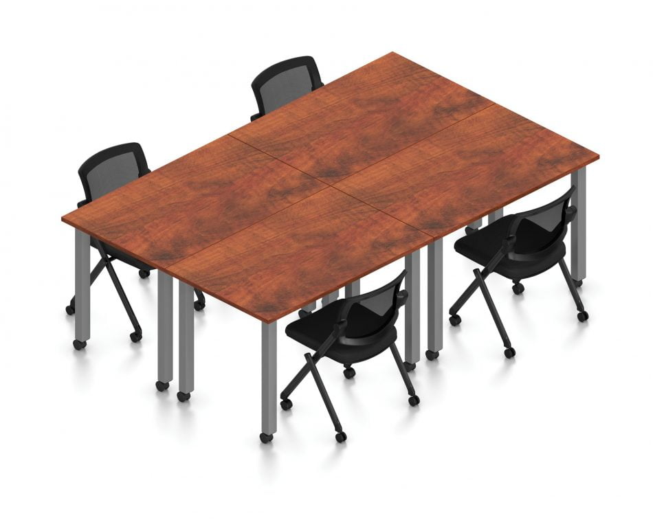 Orthographic view of an Offices to Go set of tables, using Layout 9. Four 60" wide metal tables are formed, with locking casters. An OTG mesh-back flip seat nesting chair is placed at each of the 4 work areas, also sporting casters. This layout is shown here in an American Dark Cherry finish, with tungsten finished metal legs.