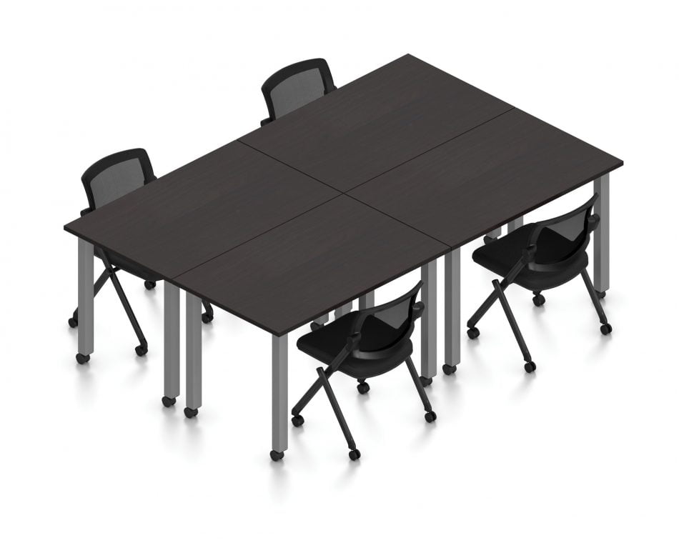 Orthographic view of an Offices to Go set of tables, using Layout 9. Four 60" wide metal tables are formed, with locking casters. An OTG mesh-back flip seat nesting chair is placed at each of the 4 work areas, also sporting casters. This layout is shown here in an American Espresso finish, with tungsten finished metal legs.