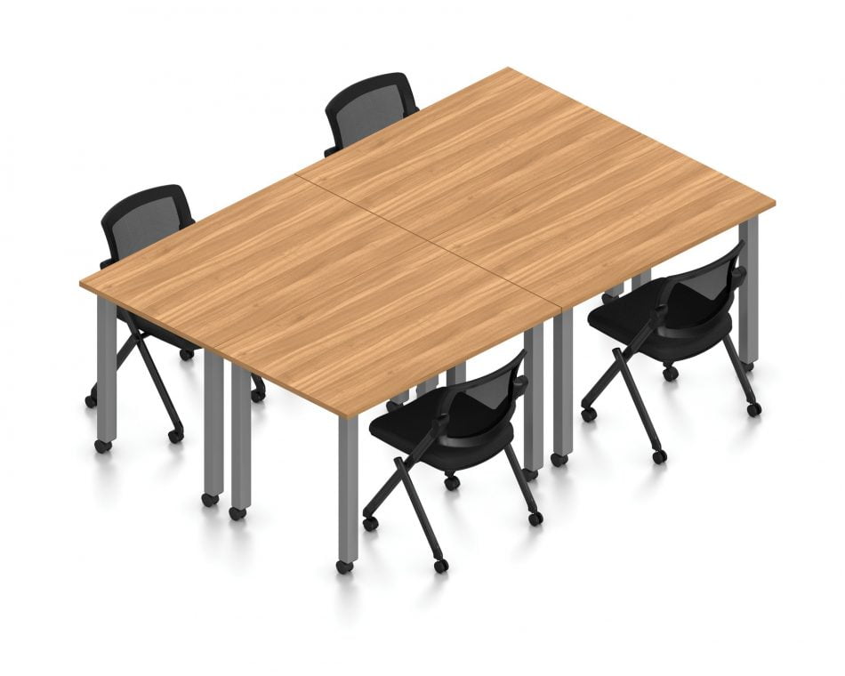 Orthographic view of an Offices to Go set of tables, using Layout 9. Four 60" wide metal tables are formed, with locking casters. An OTG mesh-back flip seat nesting chair is placed at each of the 4 work areas, also sporting casters. This layout is shown here in an Autumn Walnut finish, with tungsten finished metal legs.