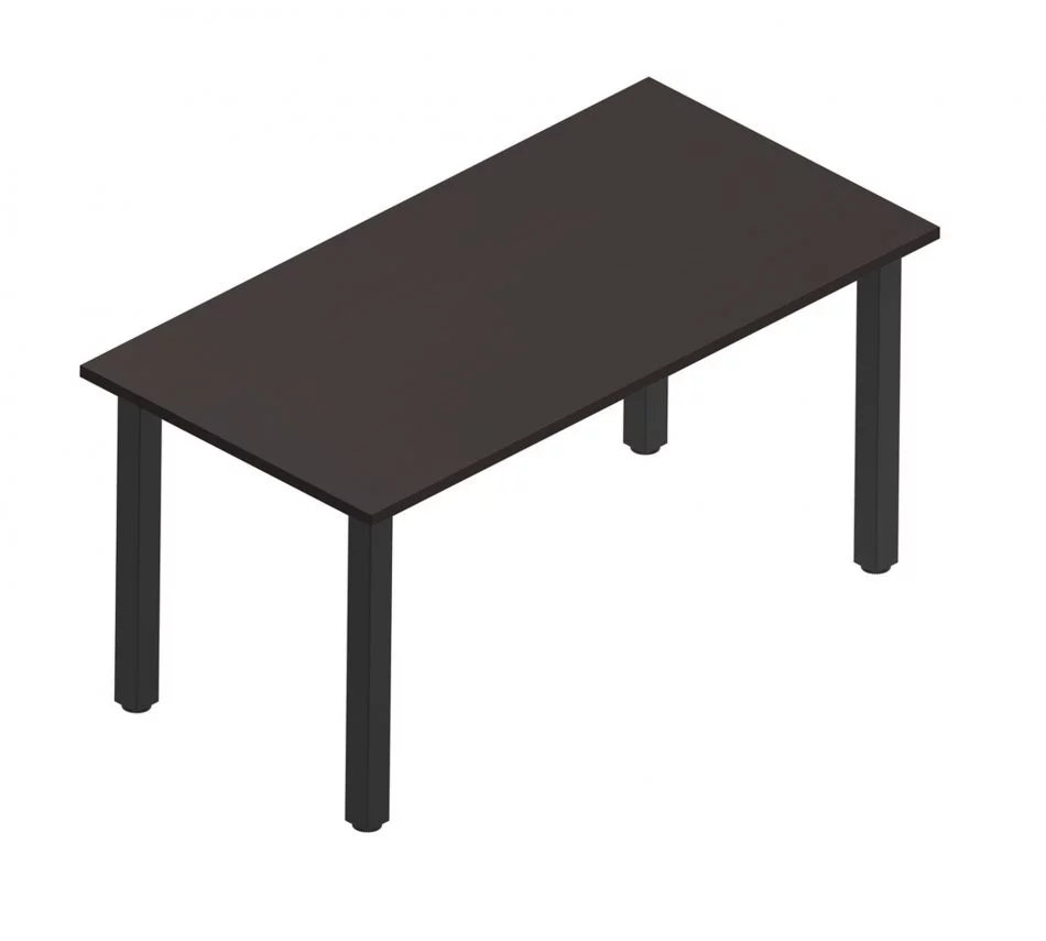 Orthographic view of an Offices to Go work table with black metal legs. The tabletop uses an American Espresso finish.