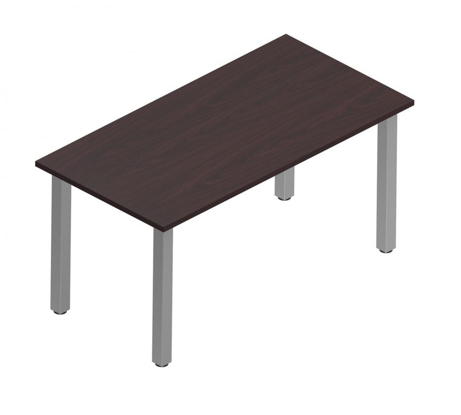 Orthographic view of an Offices to Go work table with tungsten metal legs. The tabletop uses an American Mahogany finish.