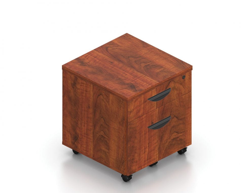 Orthographic view of an Offices to Go 22 inch deep mobile pedestal drawers. The unit consists of two drawers, with a larger bottom drawer and caster wheels. It uses an American Dark Cherry laminate finish, and features a top locking drawer.