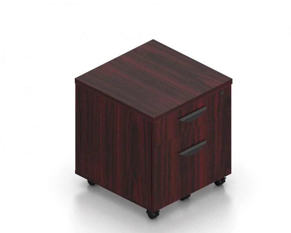 Orthographic view of an Offices to Go 22 inch deep mobile pedestal drawers. The unit consists of two drawers, with a larger bottom drawer and caster wheels. It uses an American Mahogany laminate finish, and features a top locking drawer.