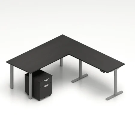 (Set) Laminate L-Shaped 71" x 48" Work Area, Height Adjustable Table Base with Pedestal Drawers