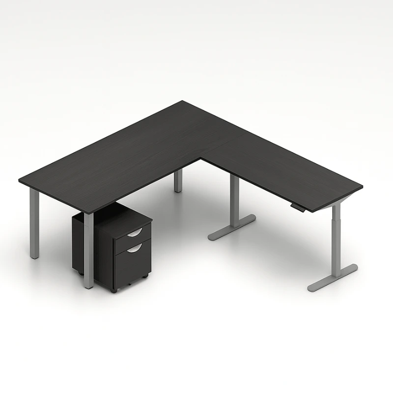 (Set) Laminate L-Shaped 71" x 48" Work Area, Height Adjustable Table Base with Pedestal Drawers