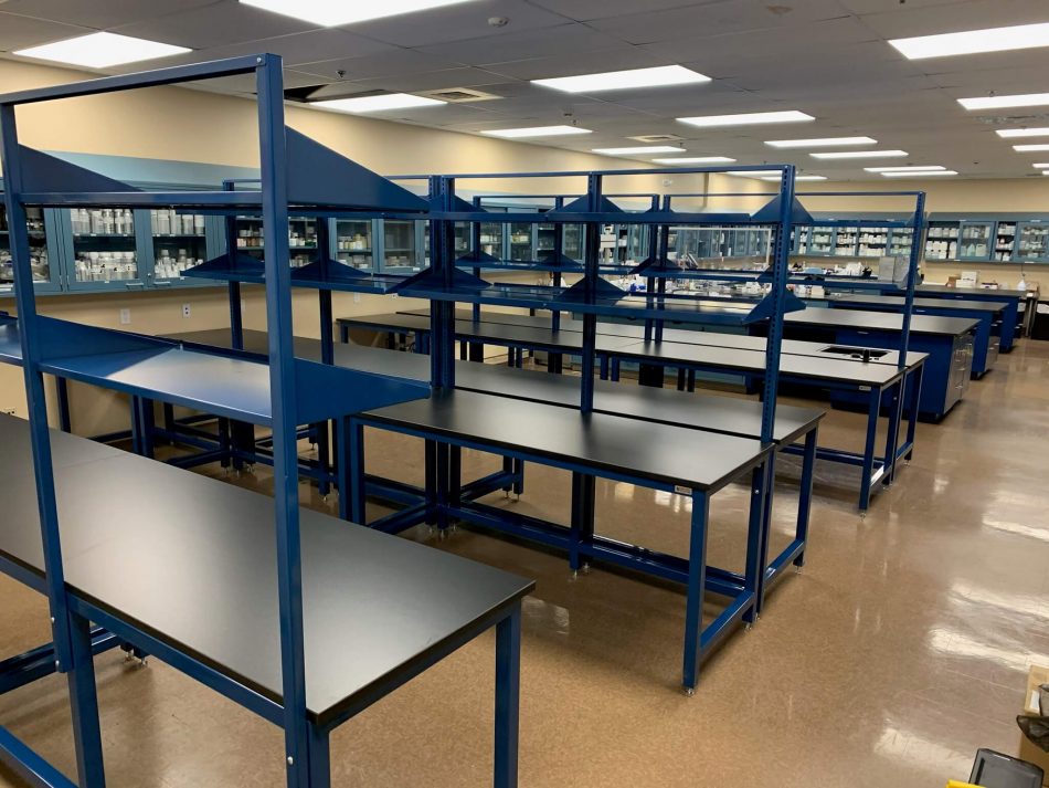 laboratory furniture with blue metal trim