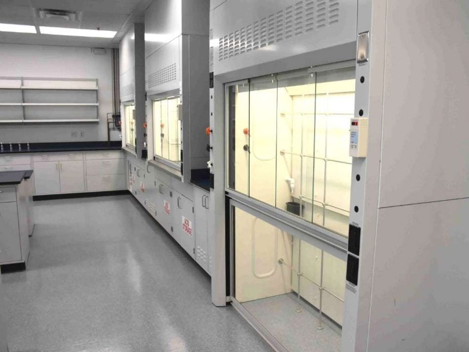 clean new laboratory with white finishes and fume hood