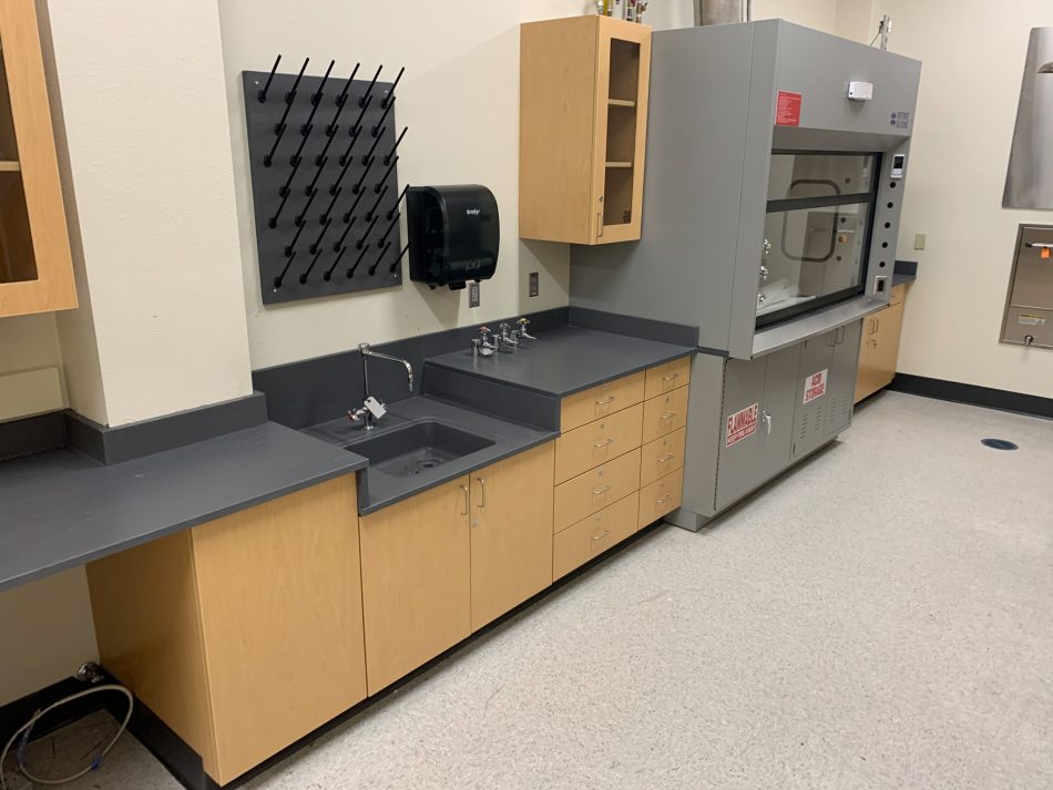 clean and new laboratory with maple finishes and grey fume hood