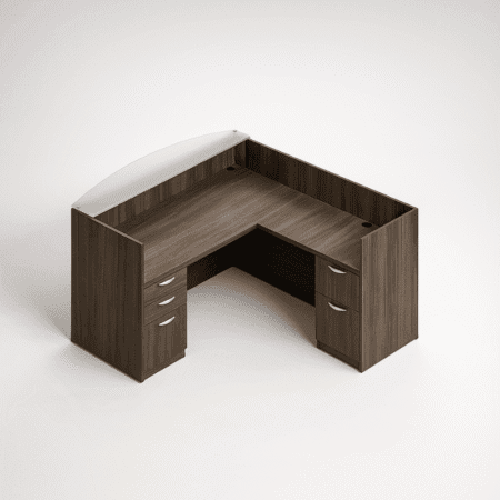 71" Laminate Reception Desk with Frosted Glass Transaction Top, Additional 42" Return and Pedestal Drawers