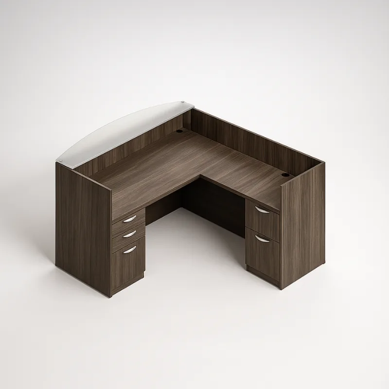 71" Laminate Reception Desk with Frosted Glass Transaction Top, Additional 42" Return and Pedestal Drawers