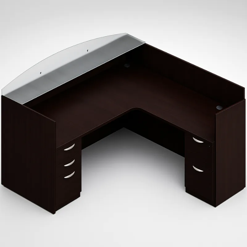 71" Laminate Reception Desk with Frosted Glass Transaction Top, Additional 42" Return and Pedestal Drawers