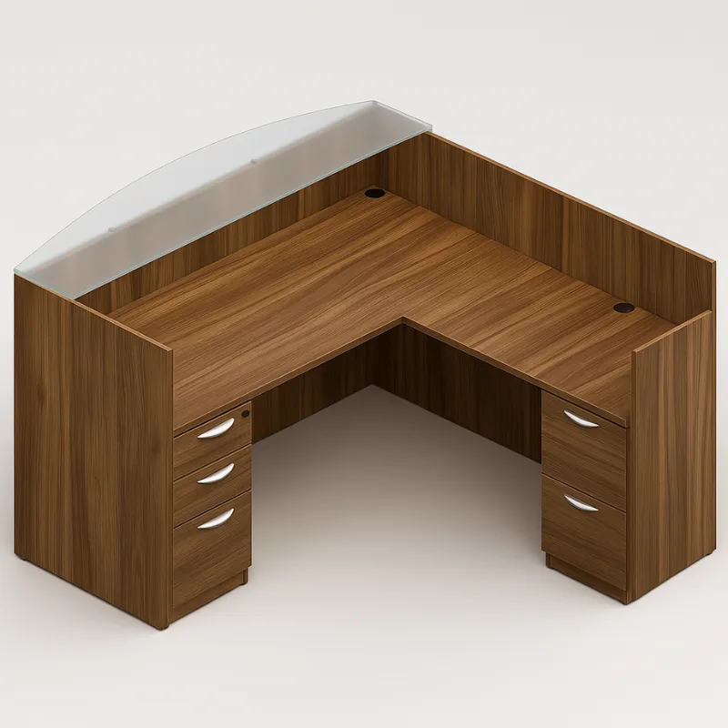71" Laminate Reception Desk with Frosted Glass Transaction Top, Additional 42" Return and Pedestal Drawers