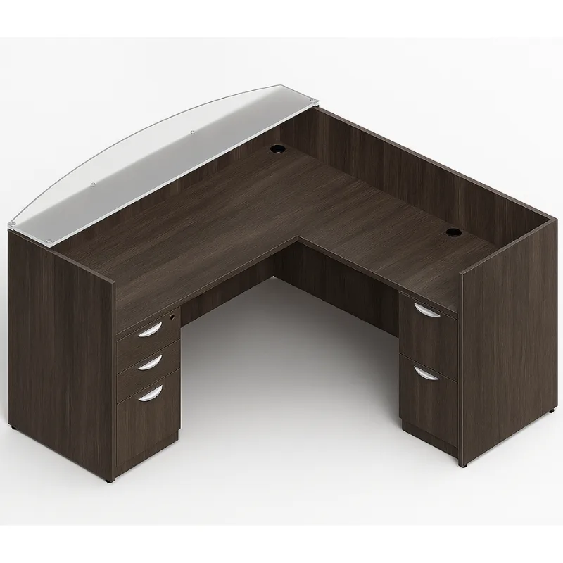 71" Laminate Reception Desk with Frosted Glass Transaction Top, Additional 42" Return and Pedestal Drawers