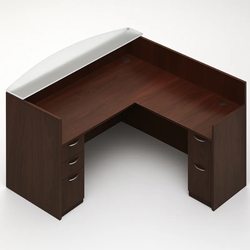 71" Laminate Reception Desk with Frosted Glass Transaction Top, Additional 42" Return and Pedestal Drawers