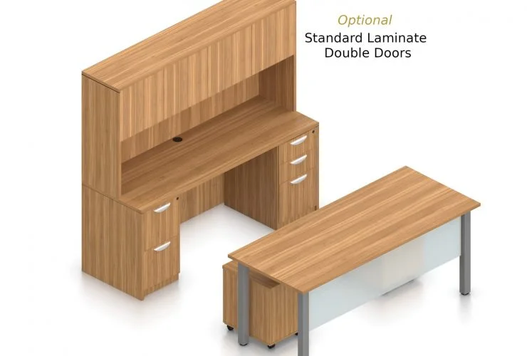 Orthographic view of an Offices to Go desk and table set, using Layout 2. This set consists of a 71