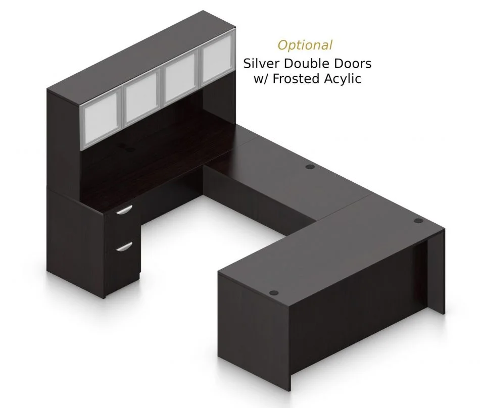 Orthographic view of an Offices to Go set of desking, using Layout B. This set consists of a 71" desk and a matching width credenza, with a 48" bridge spanning in between. A 71" Hutch rests atop the one side, and it is shown with the optional upgrade of silver double doors. There are a set of two drawers on the credenza below. Layout B is shown here in an American Espresso finish.