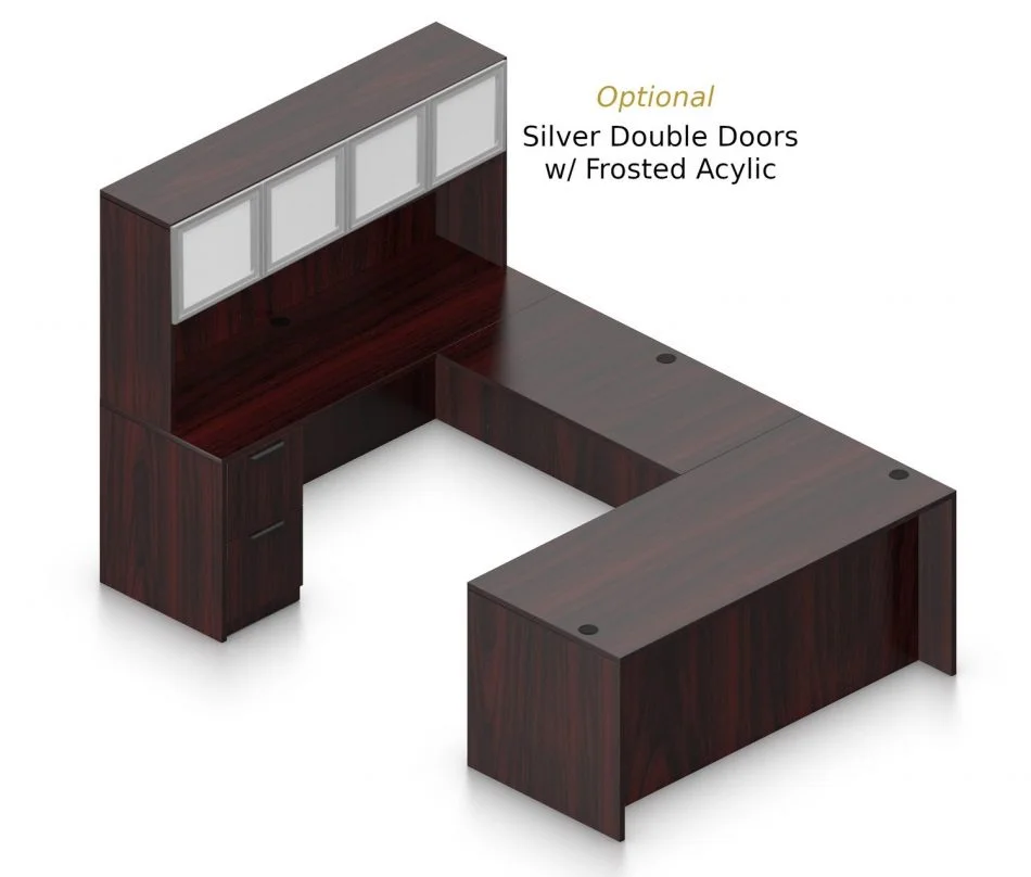 Orthographic view of an Offices to Go set of desking, using Layout B. This set consists of a 71" desk and a matching width credenza, with a 48" bridge spanning in between. A 71" Hutch rests atop the one side, and it is shown with the optional upgrade of silver double doors. There are a set of two drawers on the credenza below. Layout B is shown here in an American Mahogany finish.