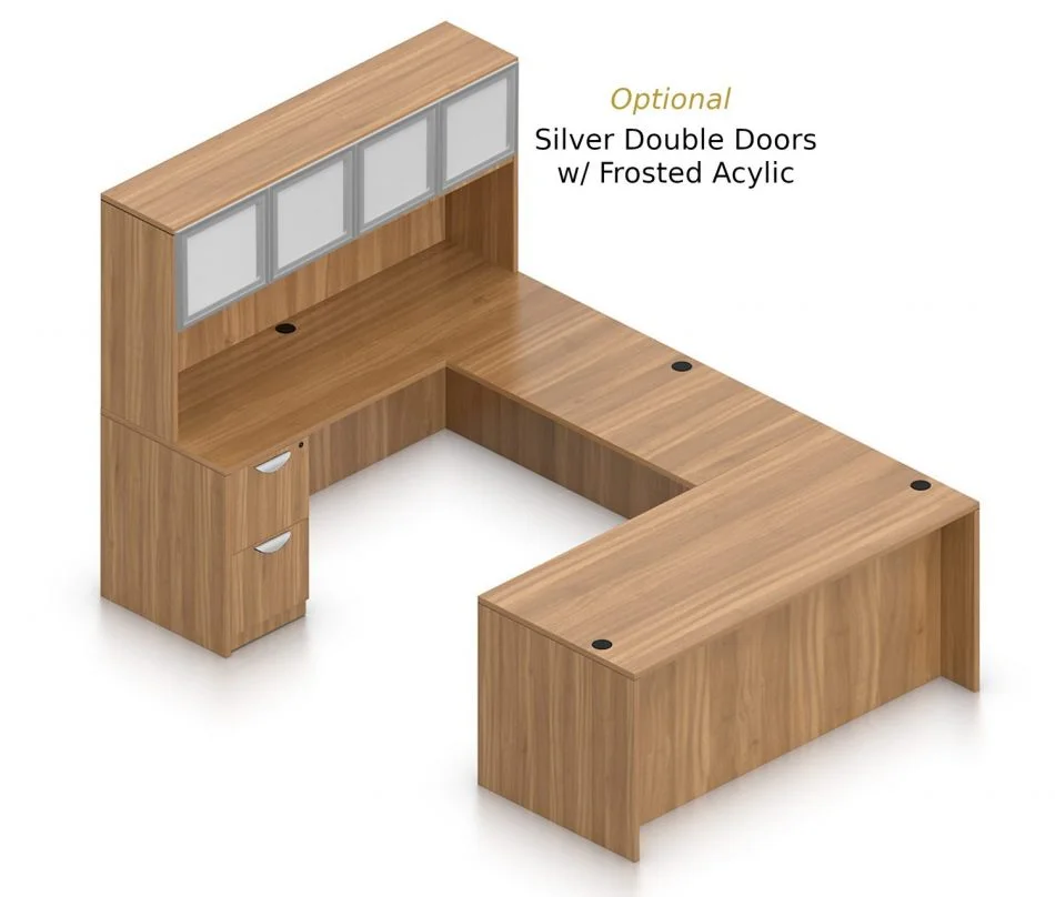 Orthographic view of an Offices to Go set of desking, using Layout B. This set consists of a 71" desk and a matching width credenza, with a 48" bridge spanning in between. A 71" Hutch rests atop the one side, and it is shown with the optional upgrade of silver double doors. There are a set of two drawers on the credenza below. Layout B is shown here in an Autumn Walnut finish.