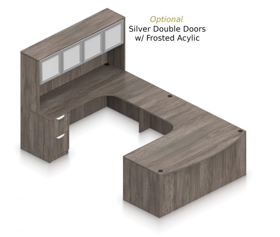Orthographic view of an Offices to Go set of desking, using Layout D. This set consists of a two 71" desks with corner extension/attachment. A matching width hutch is stacked on top, featuring two cabinets with optional upgrade of silver double doors. In the desk, at each side, is a set of pedestal drawers. The extension side features two equal height drawers, and the other side features a set of three drawers. Each one has a lock at the top. This desking uses an Artisan Grey laminate finish.