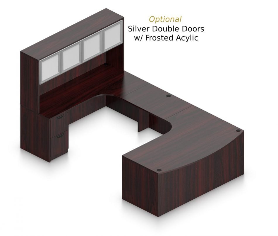 Orthographic view of an Offices to Go set of desking, using Layout D. This set consists of a two 71" desks with corner extension/attachment. A matching width hutch is stacked on top, featuring two cabinets with optional upgrade of silver double doors. In the desk, at each side, is a set of pedestal drawers. The extension side features two equal height drawers, and the other side features a set of three drawers. Each one has a lock at the top. This desking uses an American Mahogany laminate finish.