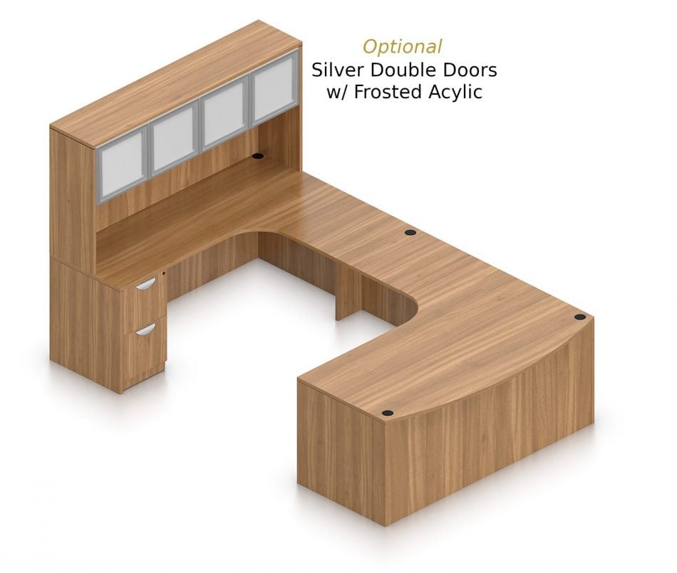 Orthographic view of an Offices to Go set of desking, using Layout D. This set consists of a two 71" desks with corner extension/attachment. A matching width hutch is stacked on top, featuring two cabinets with optional upgrade of silver double doors. In the desk, at each side, is a set of pedestal drawers. The extension side features two equal height drawers, and the other side features a set of three drawers. Each one has a lock at the top. This desking uses an Autumn Walnut laminate finish.