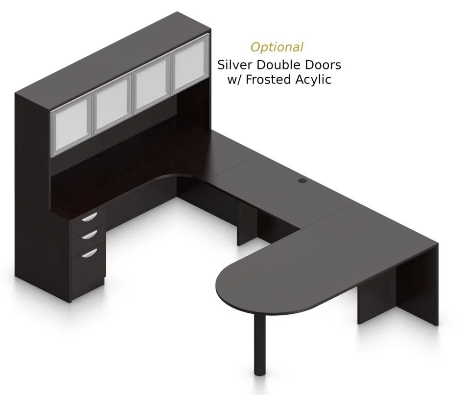OTG Superior Laminates Layout F w Optional Silver Doors - American Espresso Finish Orthographic view of an Offices to Go set of desking, using Layout F. This set consists of a 71" D-shape, held up by a thick post. On the opposite side is a matching 71" Credenza with corner extension. Atop the credenza, the view shows the optional silver and frosted acrylic doors. A 42 inch extension bridges between the two. On the hutch side is a set of three pedestal drawers, with a lock upon the top. Layout _ is shown here in an American Espresso finish.