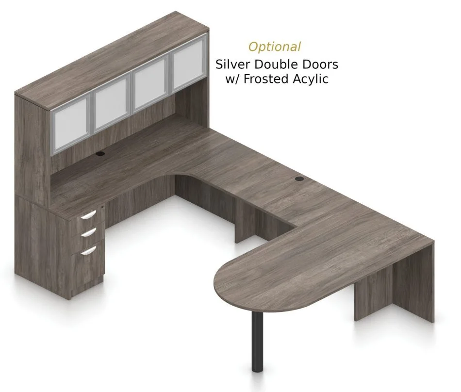 OTG Superior Laminates Layout F w Optional Silver Doors - Artisan Grey Finish Orthographic view of an Offices to Go set of desking, using Layout F. This set consists of a 71" D-shape, held up by a thick post. On the opposite side is a matching 71" Credenza with corner extension. Atop the credenza, the view shows the optional silver and frosted acrylic doors. A 42 inch extension bridges between the two. On the hutch side is a set of three pedestal drawers, with a lock upon the top. Layout _ is shown here in an Artisan Grey finish.