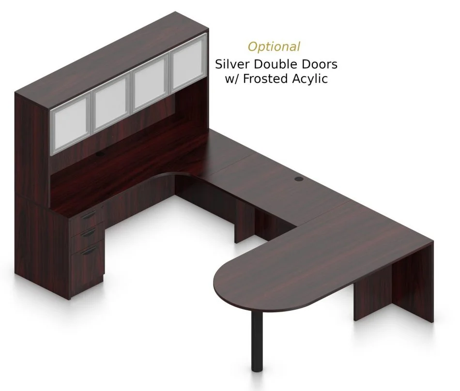 OTG Superior Laminates Layout F w Optional Silver Doors - American Mahogany Finish Orthographic view of an Offices to Go set of desking, using Layout F. This set consists of a 71" D-shape, held up by a thick post. On the opposite side is a matching 71" Credenza with corner extension. Atop the credenza, the view shows the optional silver and frosted acrylic doors. A 42 inch extension bridges between the two. On the hutch side is a set of three pedestal drawers, with a lock upon the top. Layout _ is shown here in an American Mahogany finish.