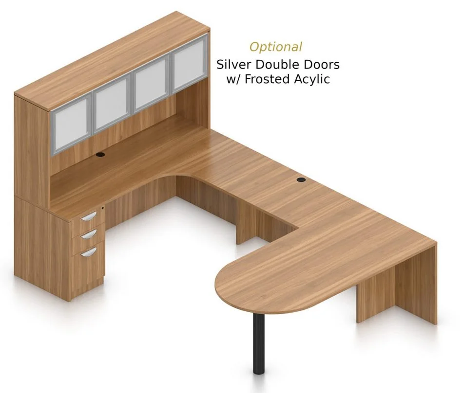 OTG Superior Laminates Layout F w Optional Silver Doors - Autumn Walnut Finish Orthographic view of an Offices to Go set of desking, using Layout F. This set consists of a 71" D-shape, held up by a thick post. On the opposite side is a matching 71" Credenza with corner extension. Atop the credenza, the view shows the optional silver and frosted acrylic doors. A 42 inch extension bridges between the two. On the hutch side is a set of three pedestal drawers, with a lock upon the top. Layout _ is shown here in an Autumn Walnut finish.