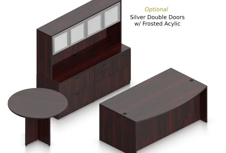 Orthographic view of an Offices to Go set of desks and tables, using Layout H. This set consists of a 71