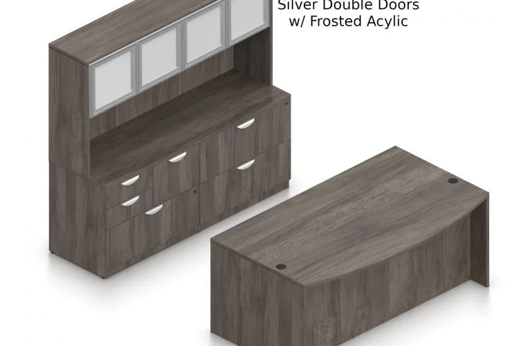Orthographic view of an Offices to Go set of desking, using Layout J. This set consists of a 71