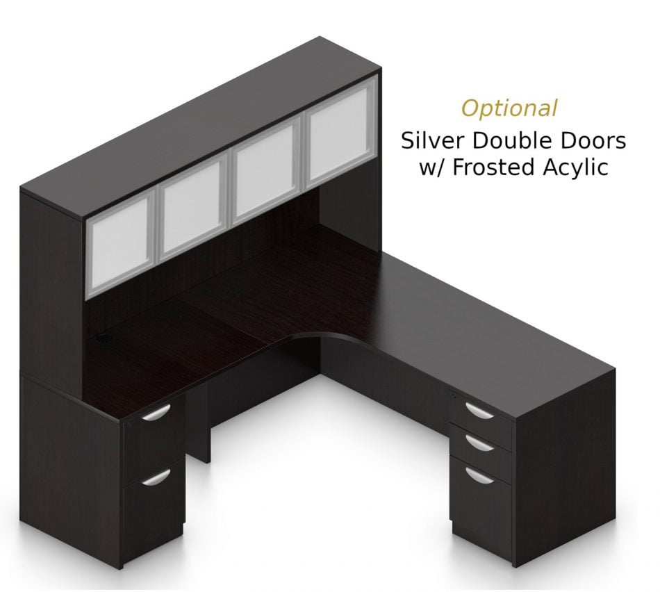 Orthographic view of an Offices to Go set of desking, using Layout L. This set consists of a 71" corner desk, with matching hutch stacked at the left corner extension. The hutch has two cabinets, shown with optional silver frame and frosted acrylic double doors. Within the desk, at each side, is a set of pedestal drawers. The extension side features two equal height drawers, and the other side features a set of three drawers. Each one has a lock at the top. This desking uses an American Espresso laminate finish.