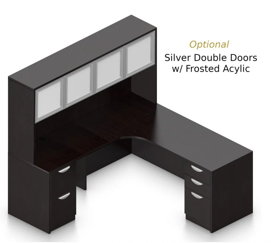 Orthographic view of an Offices to Go set of desking, using Layout L. This set consists of a 71" corner desk, with matching hutch stacked at the left corner extension. The hutch has two cabinets, shown with optional silver frame and frosted acrylic double doors. Within the desk, at each side, is a set of pedestal drawers. The extension side features two equal height drawers, and the other side features a set of three drawers. Each one has a lock at the top. This desking uses an American Espresso laminate finish.