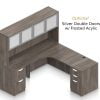 Orthographic view of an Offices to Go set of desking, using Layout L. This set consists of a 71" corner desk, with matching hutch stacked at the left corner extension. The hutch has two cabinets, shown with optional silver frame and frosted acrylic double doors. Within the desk, at each side, is a set of pedestal drawers. The extension side features two equal height drawers, and the other side features a set of three drawers. Each one has a lock at the top. This desking uses an Artisan Grey laminate finish.