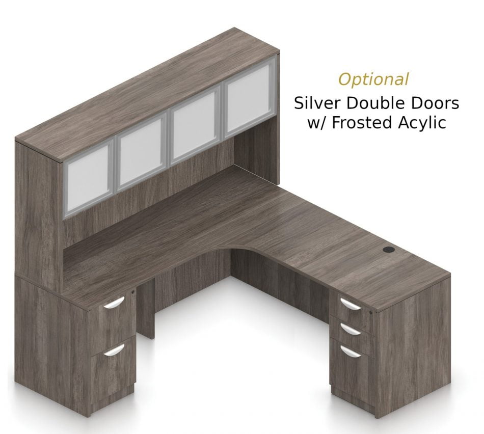 Orthographic view of an Offices to Go set of desking, using Layout L. This set consists of a 71" corner desk, with matching hutch stacked at the left corner extension. The hutch has two cabinets, shown with optional silver frame and frosted acrylic double doors. Within the desk, at each side, is a set of pedestal drawers. The extension side features two equal height drawers, and the other side features a set of three drawers. Each one has a lock at the top. This desking uses an Artisan Grey laminate finish.