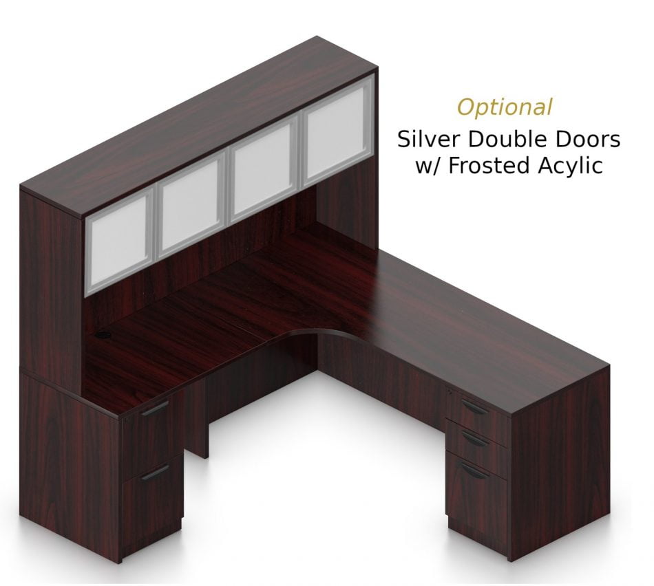 Orthographic view of an Offices to Go set of desking, using Layout L. This set consists of a 71" corner desk, with matching hutch stacked at the left corner extension. The hutch has two cabinets, shown with optional silver frame and frosted acrylic double doors. Within the desk, at each side, is a set of pedestal drawers. The extension side features two equal height drawers, and the other side features a set of three drawers. Each one has a lock at the top. This desking uses an American Mahogany laminate finish.