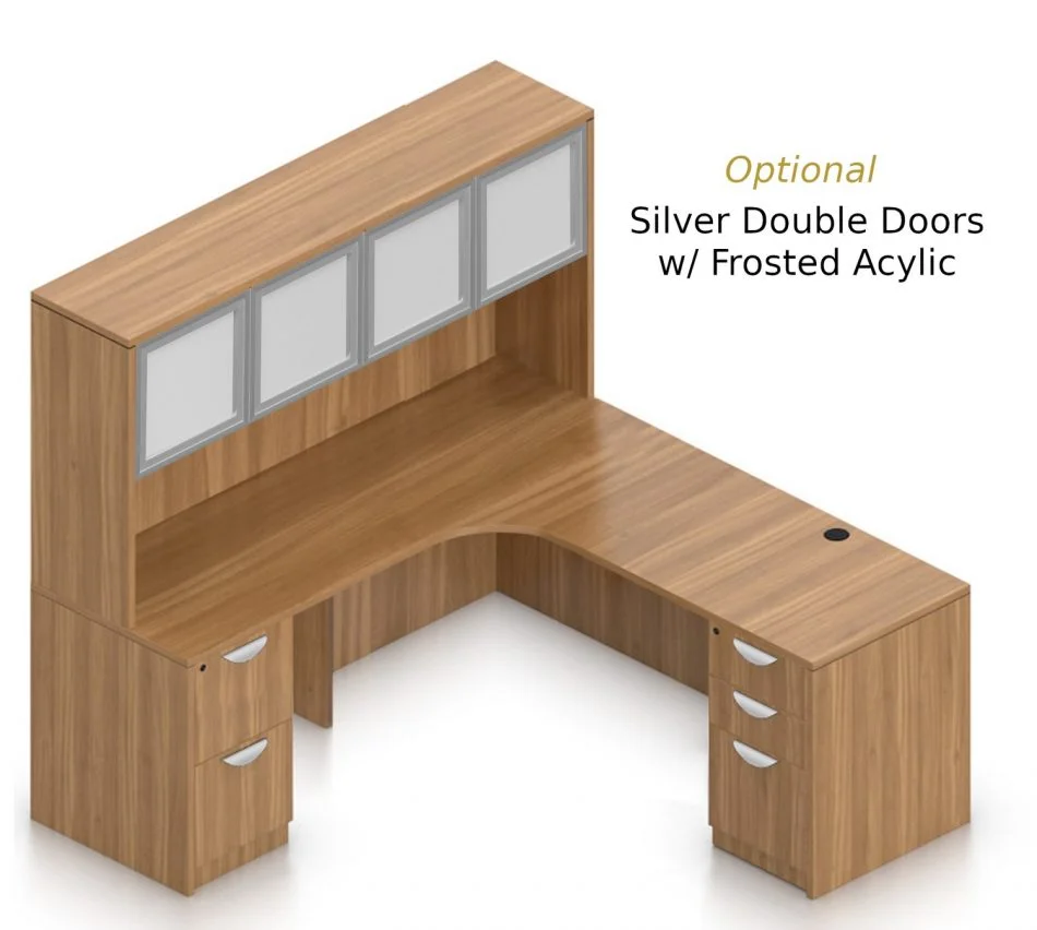 Orthographic view of an Offices to Go set of desking, using Layout L. This set consists of a 71" corner desk, with matching hutch stacked at the left corner extension. The hutch has two cabinets, shown with optional silver frame and frosted acrylic double doors. Within the desk, at each side, is a set of pedestal drawers. The extension side features two equal height drawers, and the other side features a set of three drawers. Each one has a lock at the top. This desking uses an Autumn Walnut laminate finish.