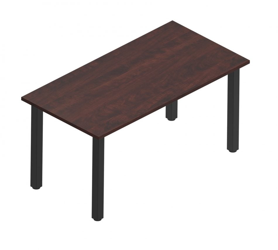 Orthographic view of an Offices to Go work table with black metal legs. The tabletop uses an American Dark Cherry finish.